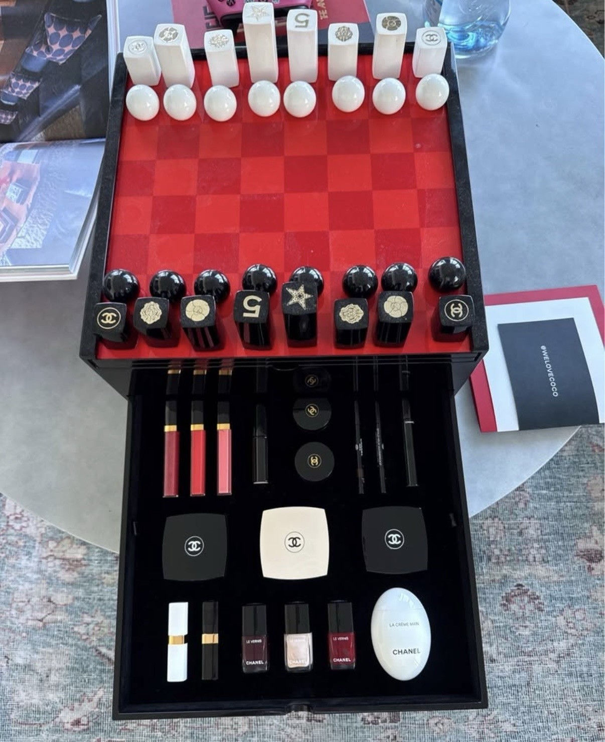 Chanel Red and Black Lacquered Chess, Checkers and Backgammon Set
