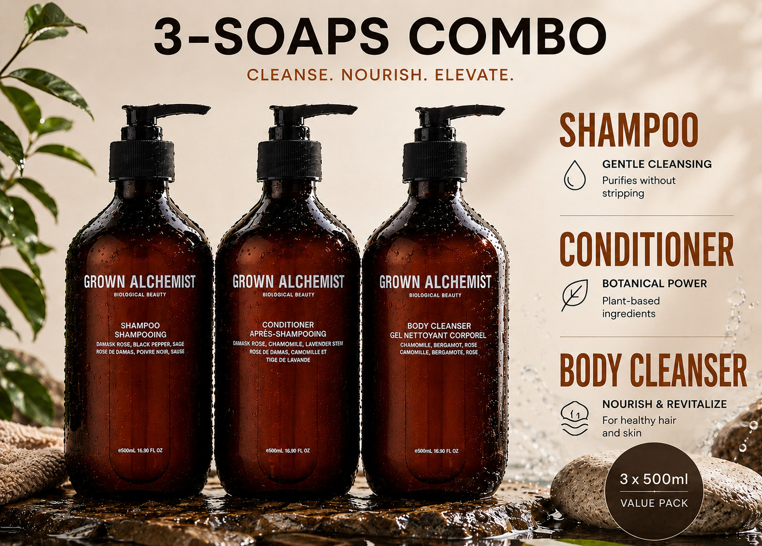 Grown Alchemist 3-Soaps Bundle 500ml - Shampoo/Conditioner/Body Cleanser