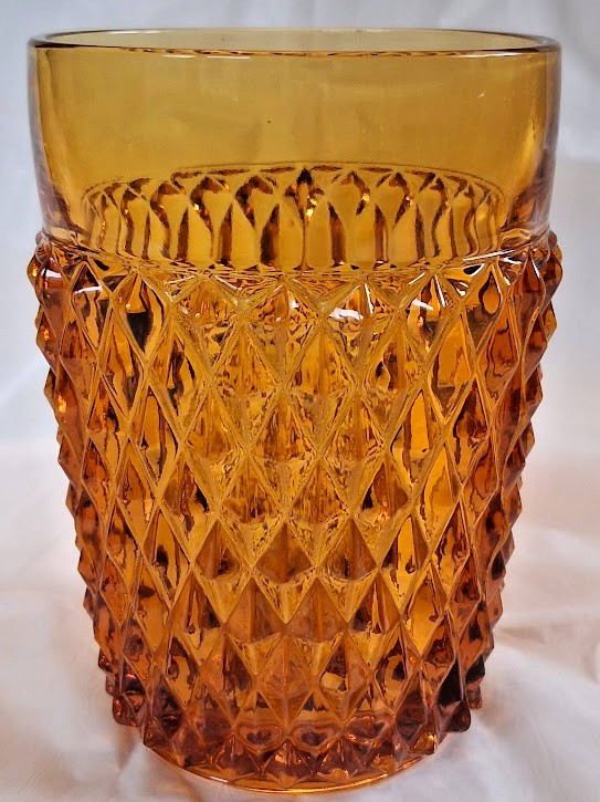 Four vintage Indiana Glass Diamond Point amber tumblers/water glasses 4 1/2 \