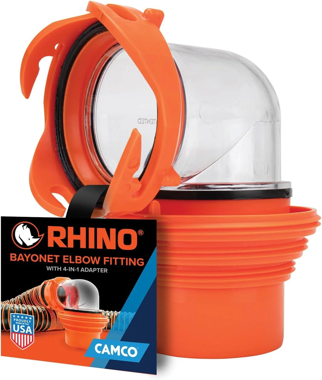 RhinoFlex Clear RV Sewer Hose Elbow with 4-in-1 Adapter - Features a 360-Degree