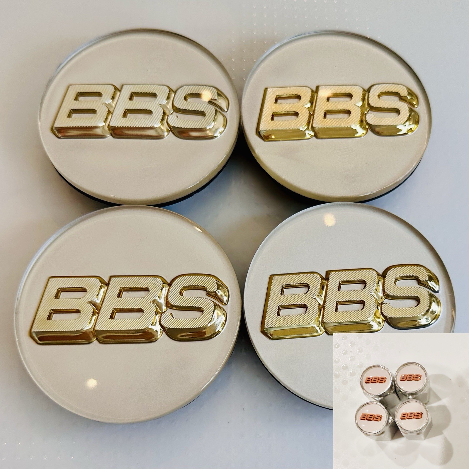 4pc 3D Gold White BBS 70mm Center Caps 56.24.120 & 4pc Chrome Valve Caps 4pc 3D Gold White BBS 70mm Center Caps 56.24.120 & 4pc Chrome Valve Caps