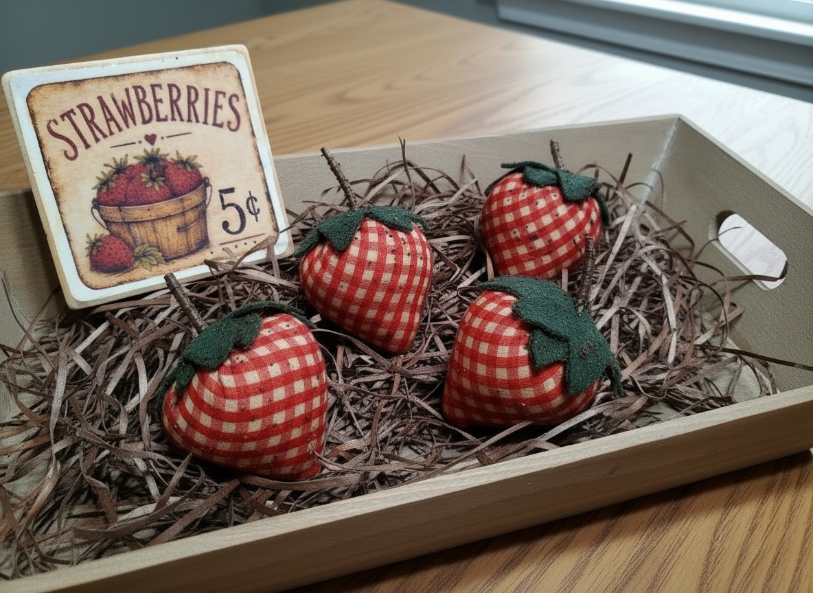 Set of 4 Primitive Plump Strawberry Bowl Fillers with Rustic Strawberry Sign