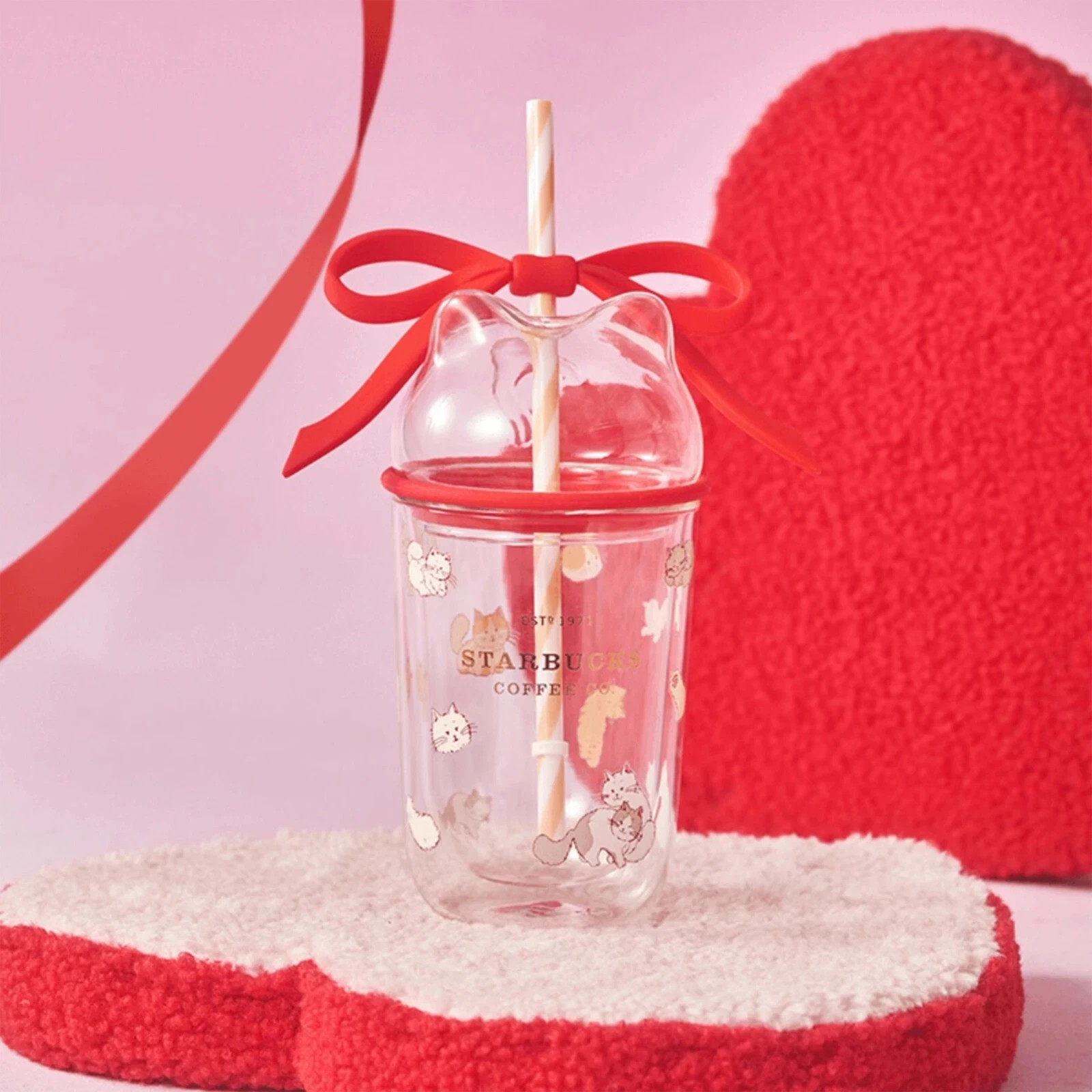 New 2024 China Starbucks Valentine's Day Double Glass Bow 13oz Straw Cup Tumbler