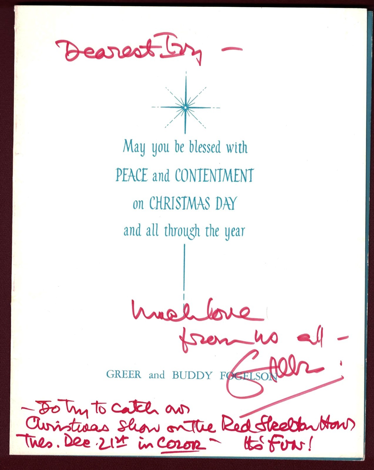 Greer Garson - Hand-written signed Christmas Card with inscription.