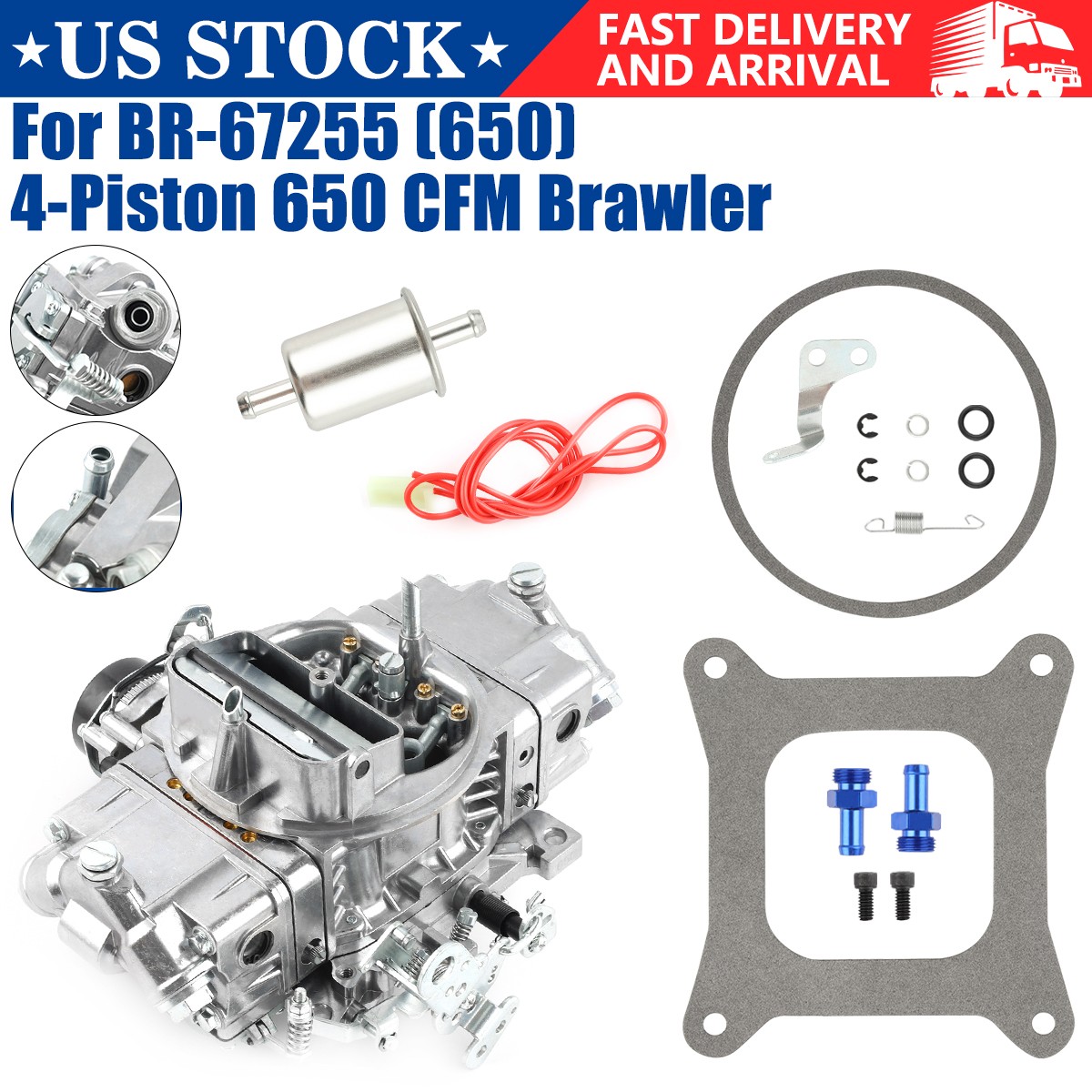 For 4 Barrel 650 CFM Double-Pumper Carburetor Electric Choke BR-6725 US