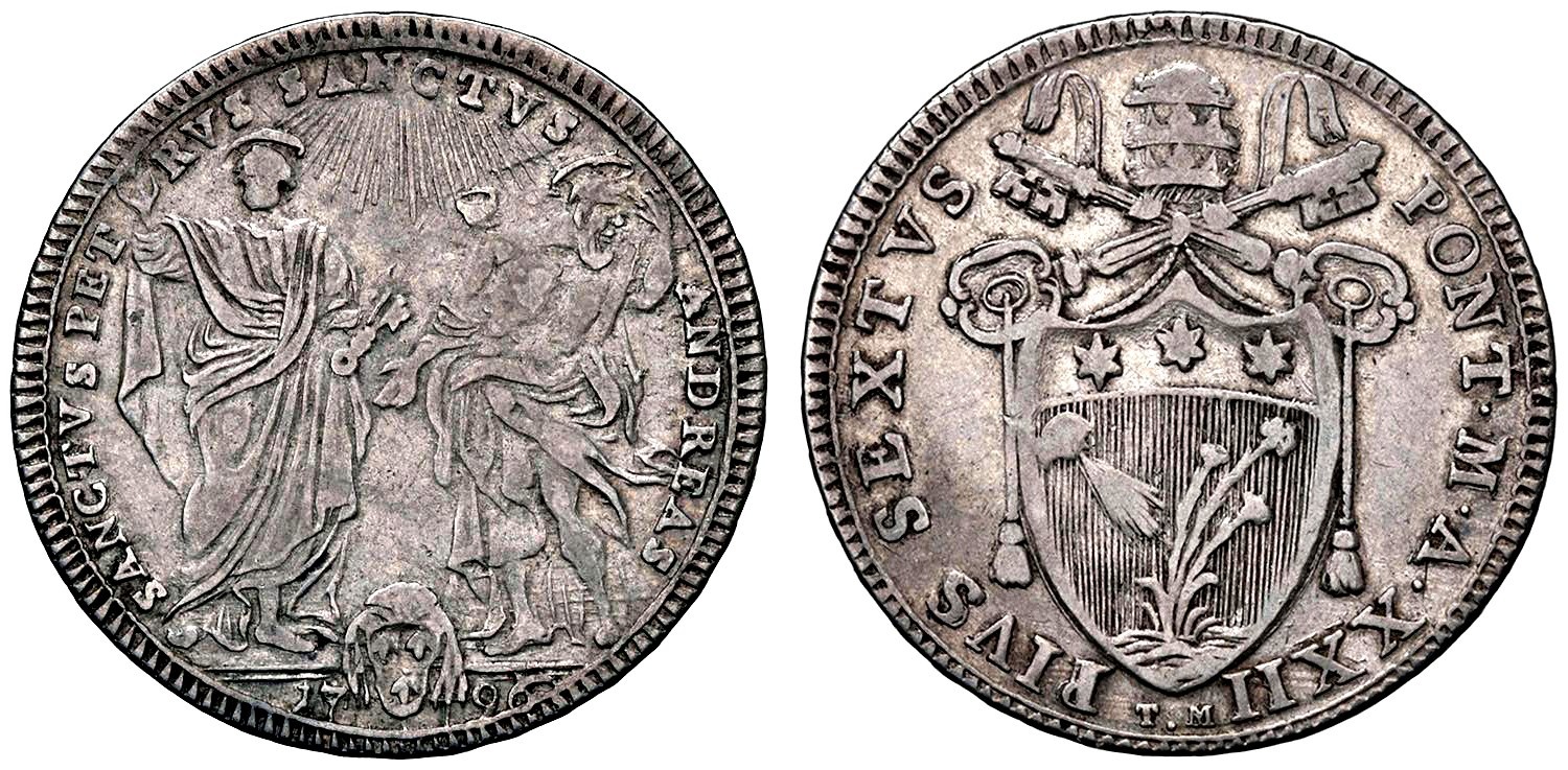 ITALY *** PAPAL STATES *** PIUS VI *** SILVER TESTONE *** 1796 *** SCARCE *** L6