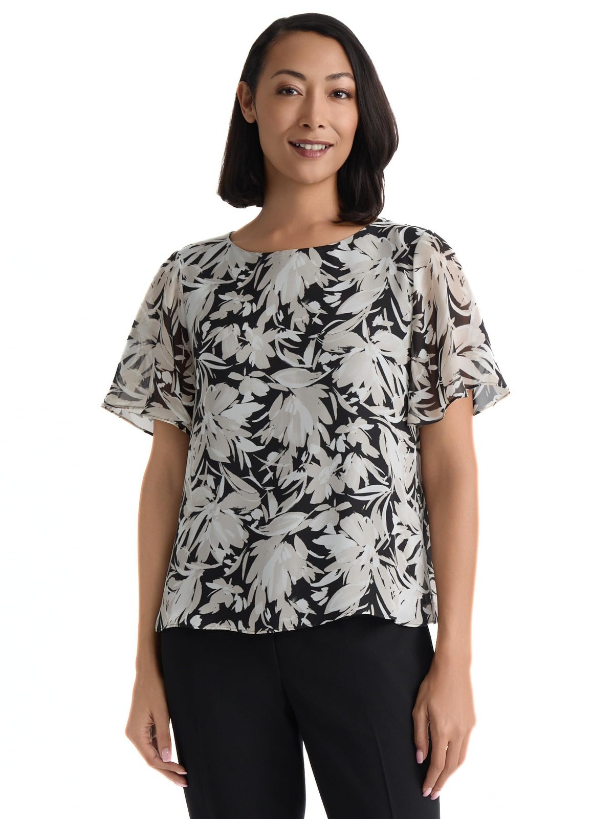Kasper Women\'s Short Flared Sleeve Printed Blouse Kasper Women\'s Short Flared Sleeve Printed Blouse