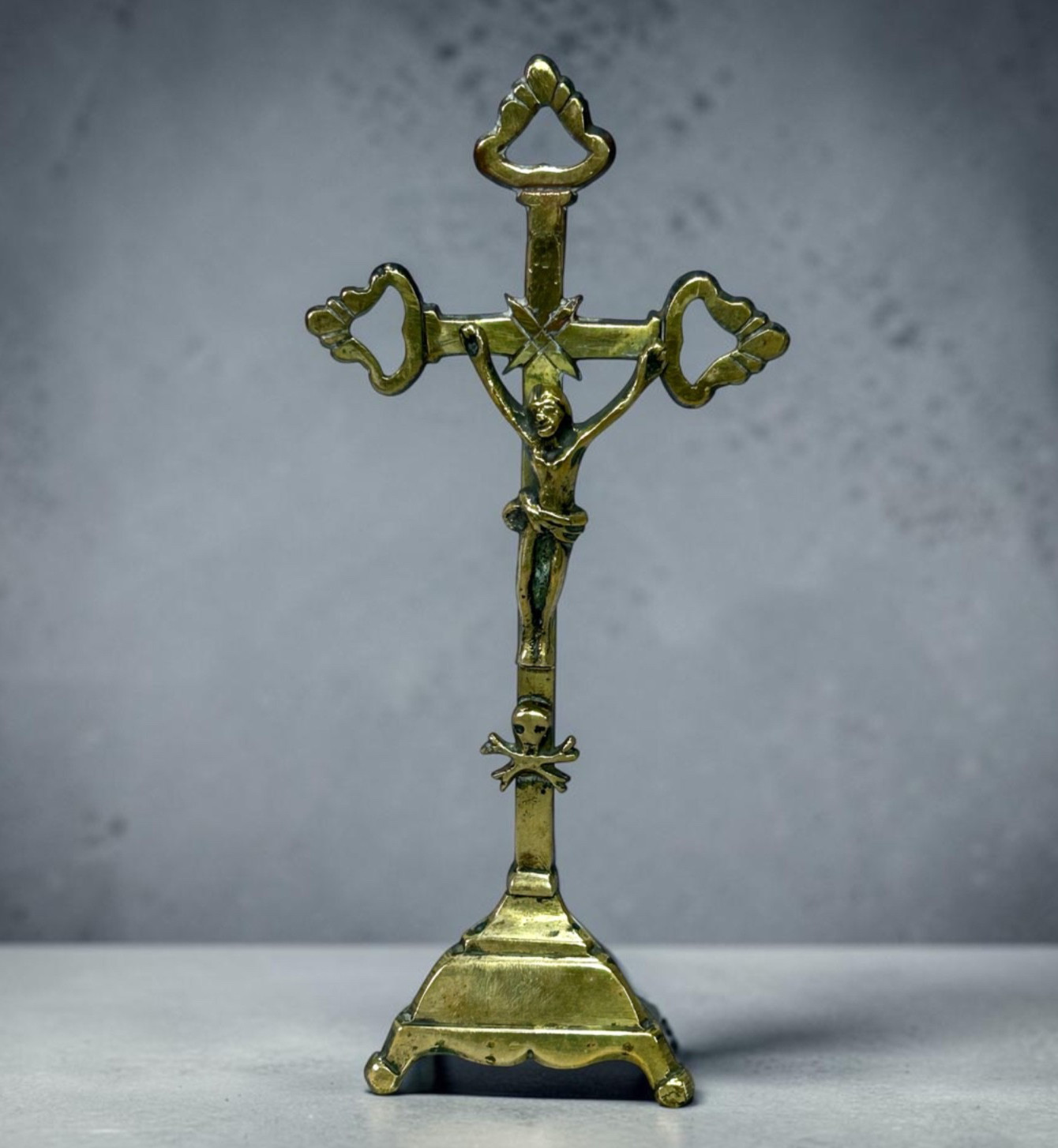 Antique 18thC French Brass Standing Altar Table Crucifix Memento Mori Skull 8