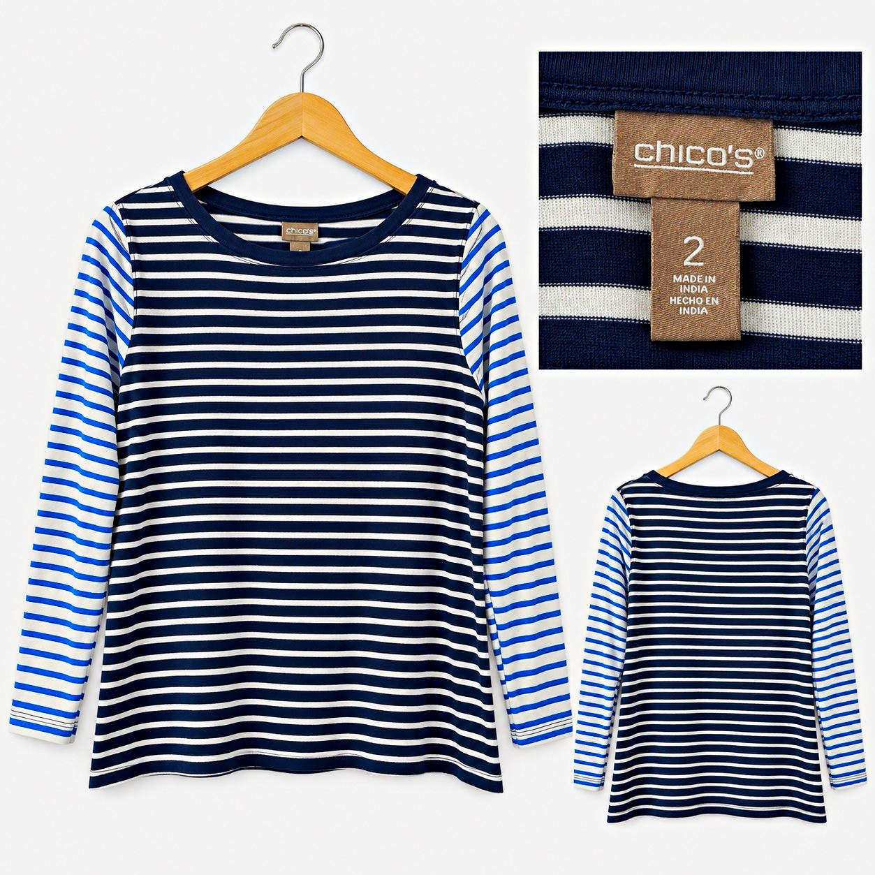 Chico\'s Blue White Striped Round Neck Long Sleeve Pullover Top Womens 2