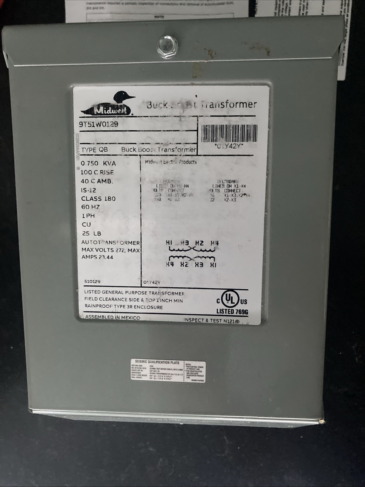 Midwest Electric Buck Boost Transformer KVA 0.750, 1 Phase Voltage 120x240 60 Hz