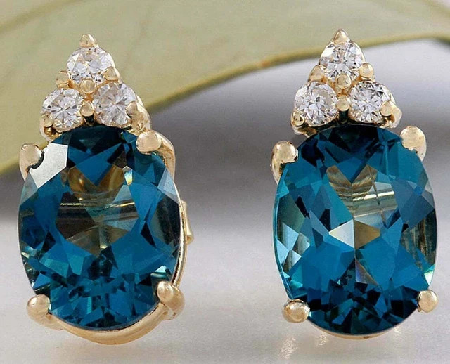 14k Yellow Gold Plated 4Ct Oval Cut London Blue Topaz & Diamond Stud Earrings