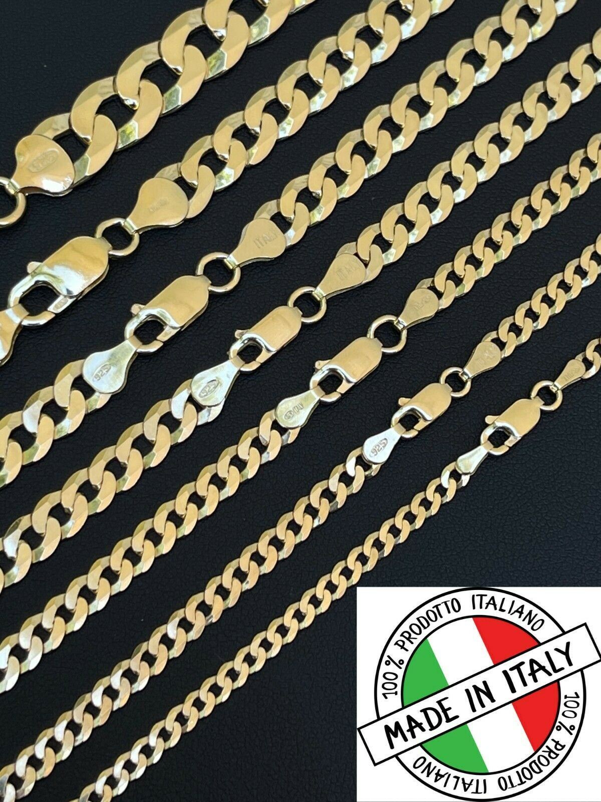 Cadena Miami Cubana Plana de Plata 925 Sólida con Baño de Oro 14k 3mm-10.5mm