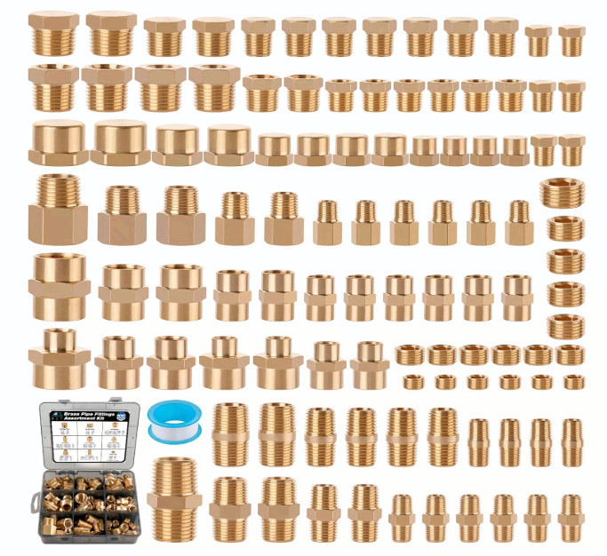 106PCS Brass Pipe Fittings Kit NPT Adapter Bushing Nipple Coupling Plug Set