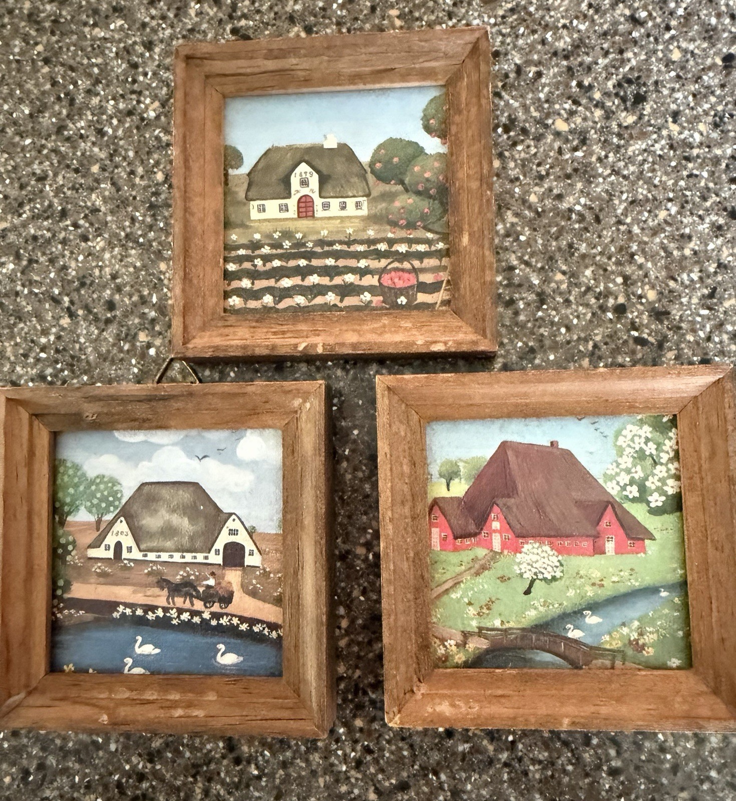 Set of 3 Vintage 1980s Mini Framed Folk Art Prints 3x3 Country Farm Decor