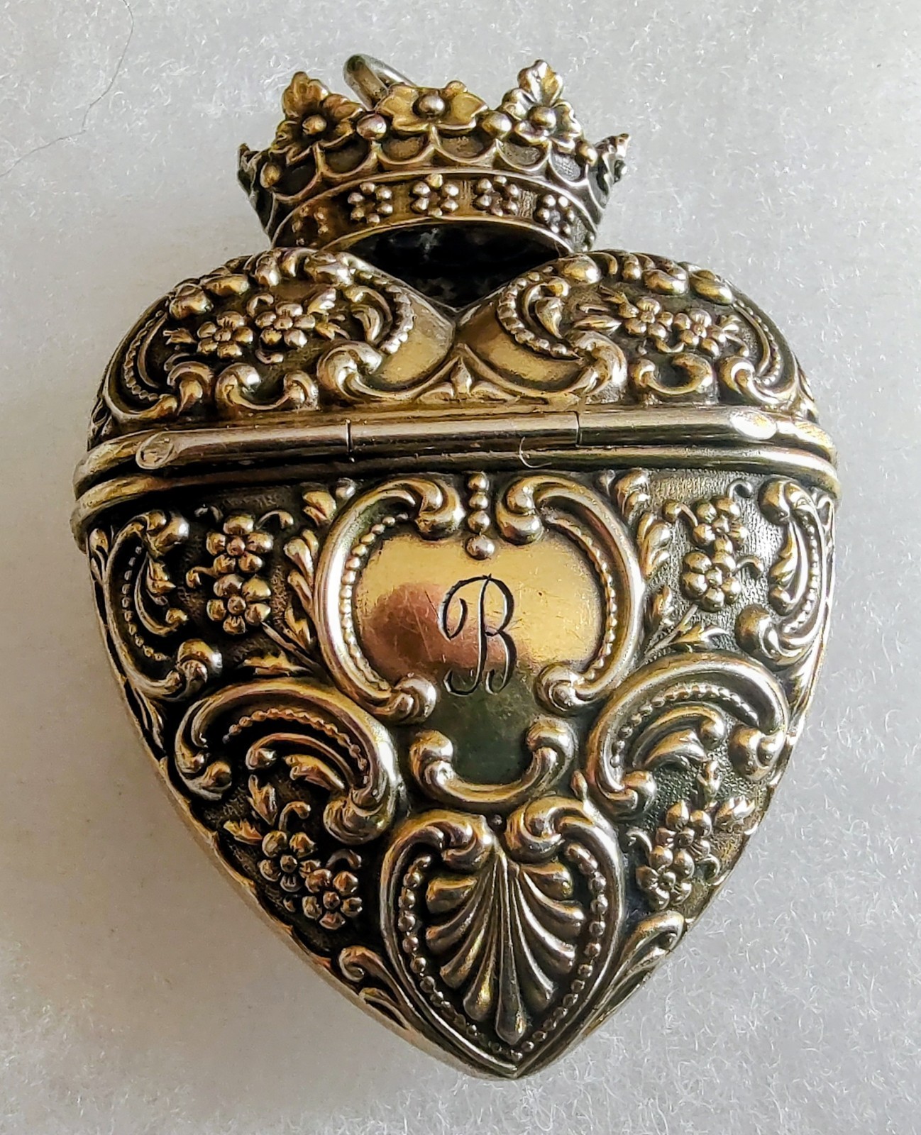 Antique F&B Foster & Bailey Sterling Silver Heart Trinket Box Gold Wash Monogram