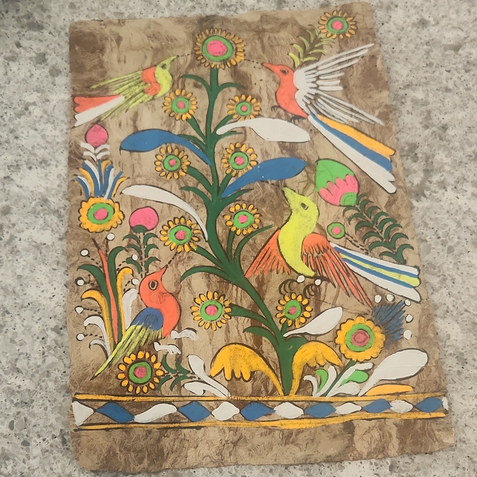 Amate Bark Paper Vintage Mexican Folk Art, Hand Painted Birds & Flowers Amate Bark Paper Vintage Mexican Folk Art, Hand Painted Birds & Flowers