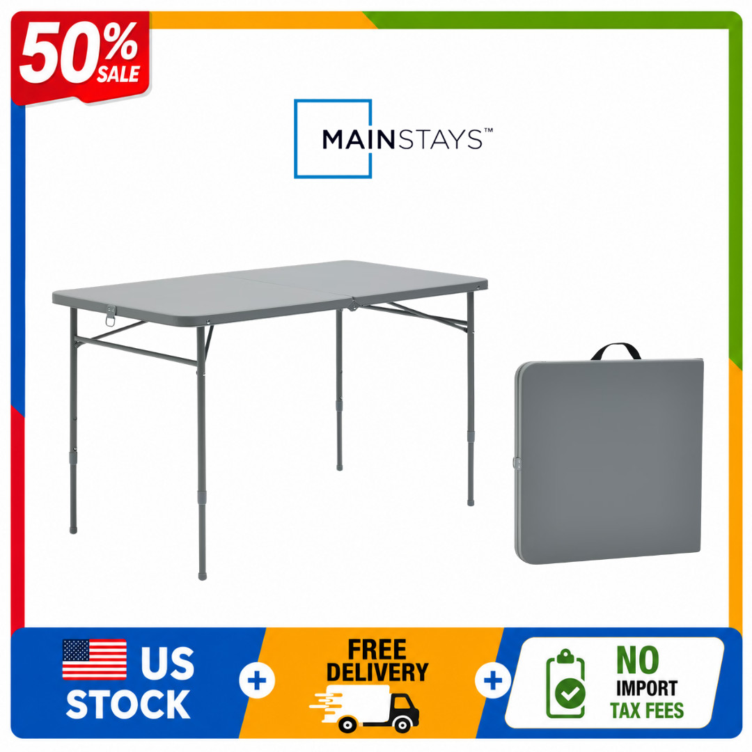 Mainstays 4 Foot Adjustable Height Centerfold Folding Table, Gray