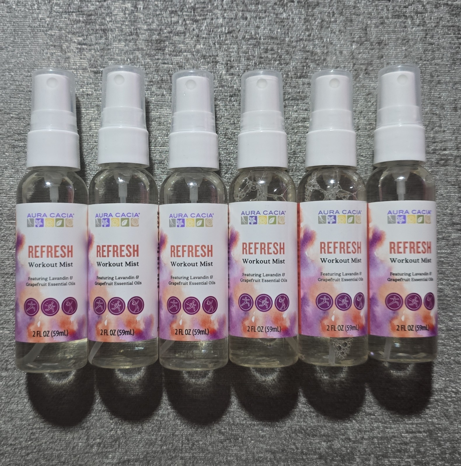 Lot Of 6 Aura Cacia Refresh Workout Mist - Essential Oil Spray Bottles 2oz Each.
