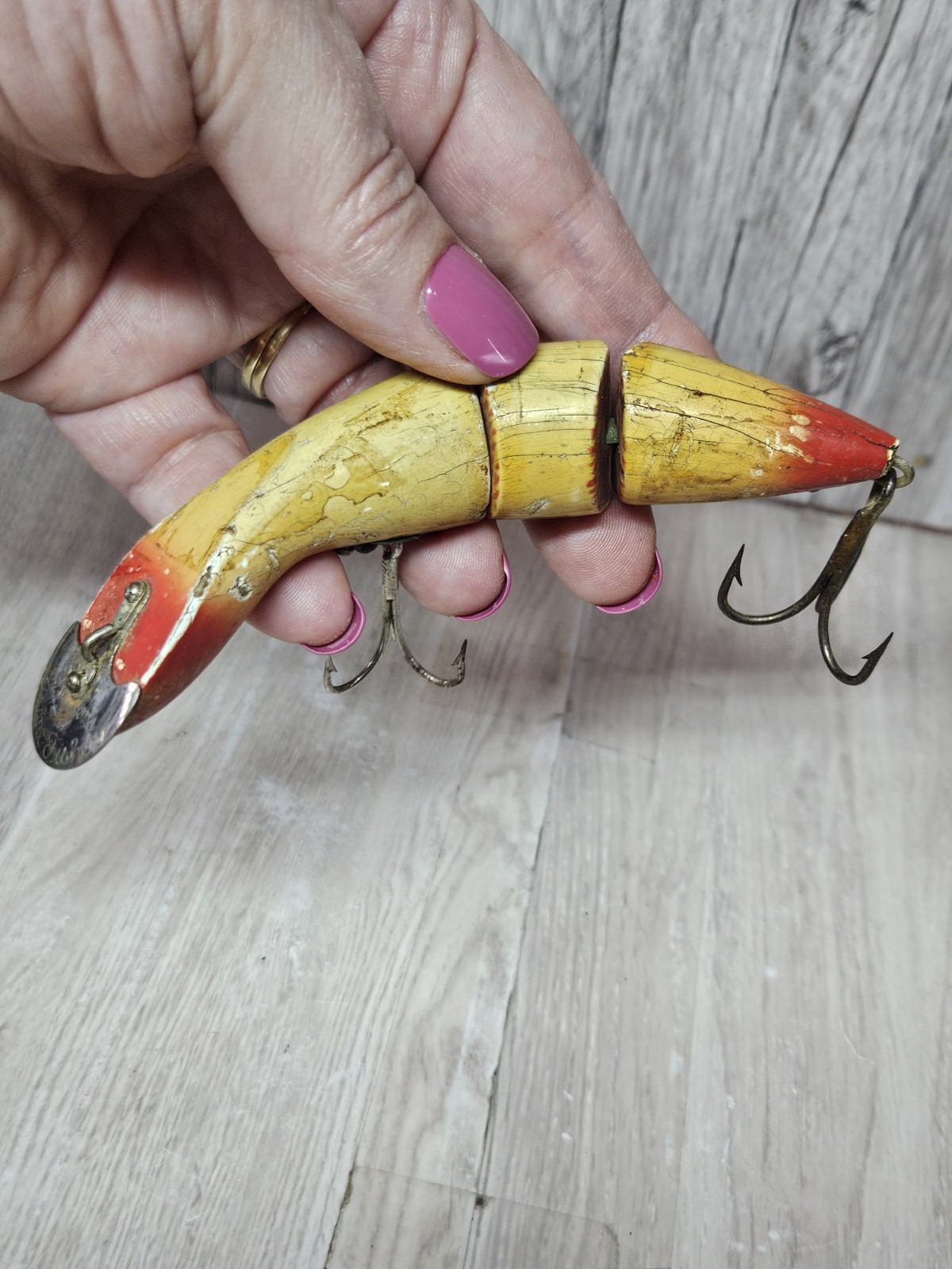 Antique Heddon Double Jointed 7300 Wood Fishing Lure Dowagiac Metal Lip 1920s