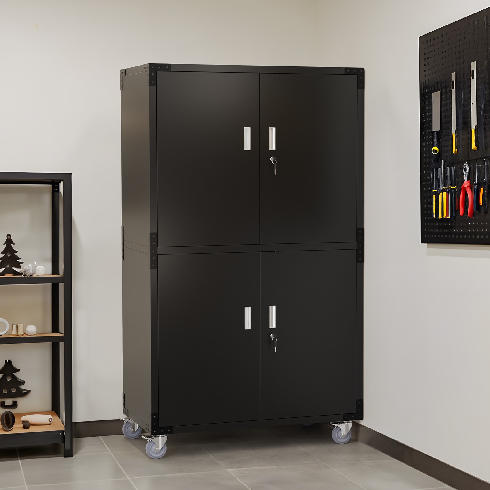 Large 4-Door Metal Cabinet with Adjustable Shelves, Pegboards, Casters and Lock Large 4-Door Metal Cabinet with Adjustable Shelves, Pegboards, Casters and Lock