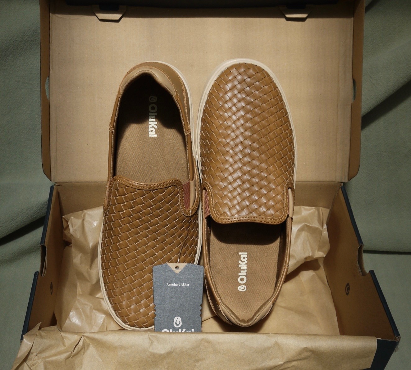 OluKai Lae‘ahi Lauhala Men\'s US 12.0 Woven Leather Shoes Fox Brown New In Box
