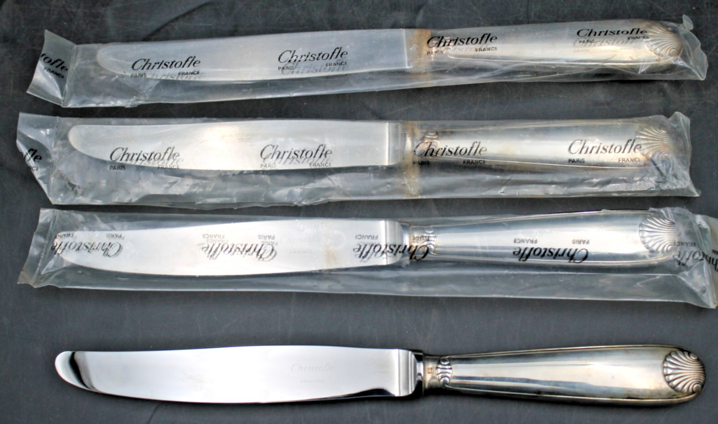 4pc Vtg CHRISTOFLE France Vendome Arcantia Shell Knife Knives Lot New 9  3/4\