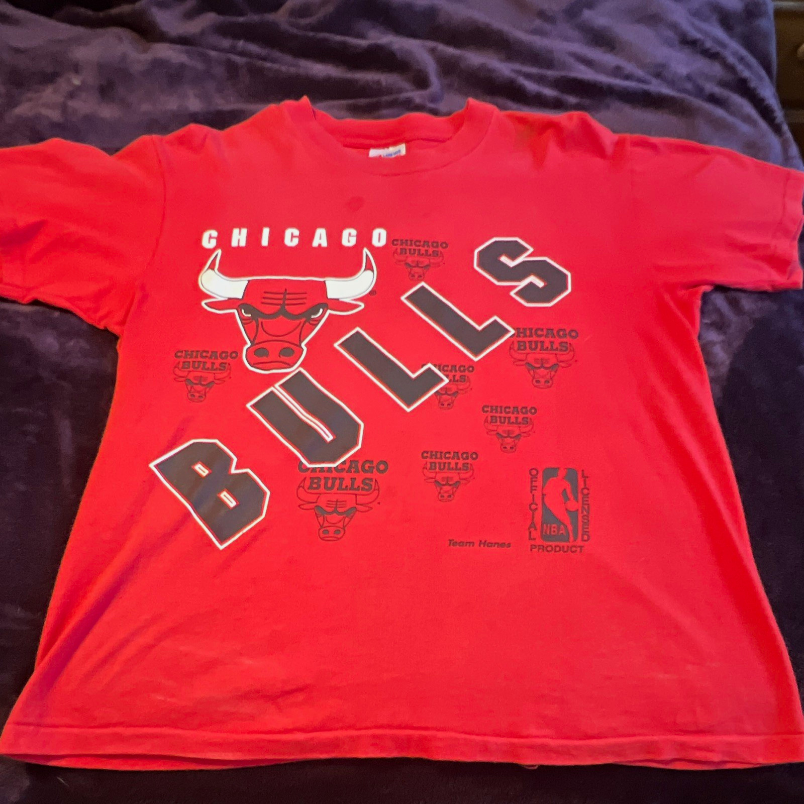 Vintage 90s Chicago Bulls Hanes TShirt Large Red Multi Logo Graphic Pinhole Flaw