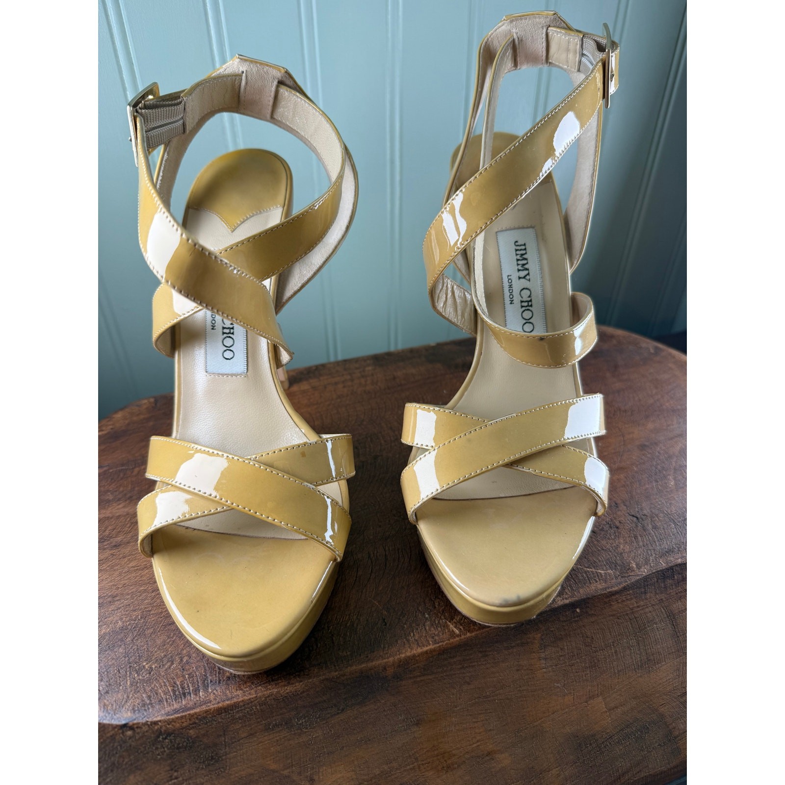 Jimmy Choo Tan Patent Leather Strappy Platform Stiletto Sandals EU38.5