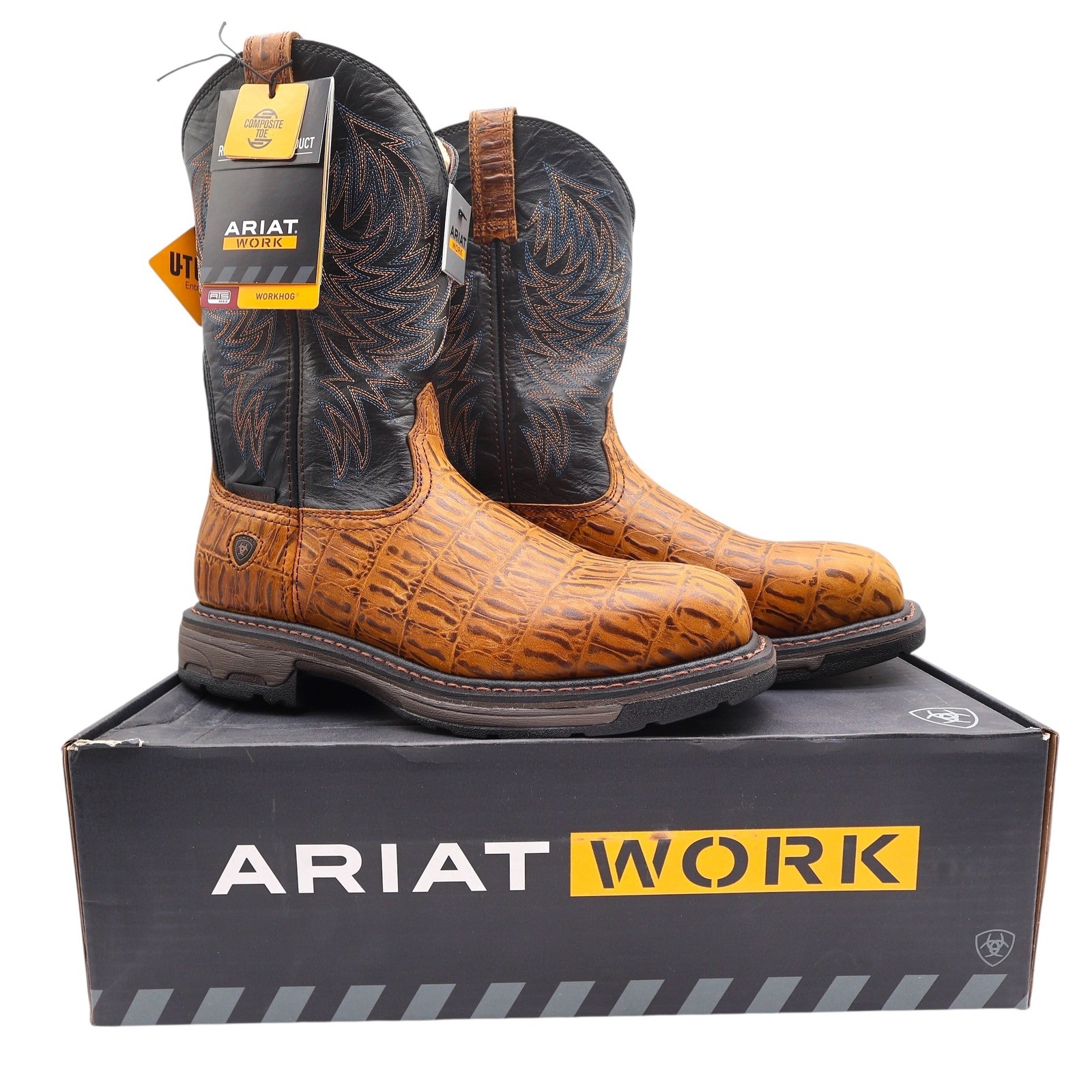 Ariat WorkHog Comp Toe Boots Mens 9.5 Brown Hornback Print NIB 10032454