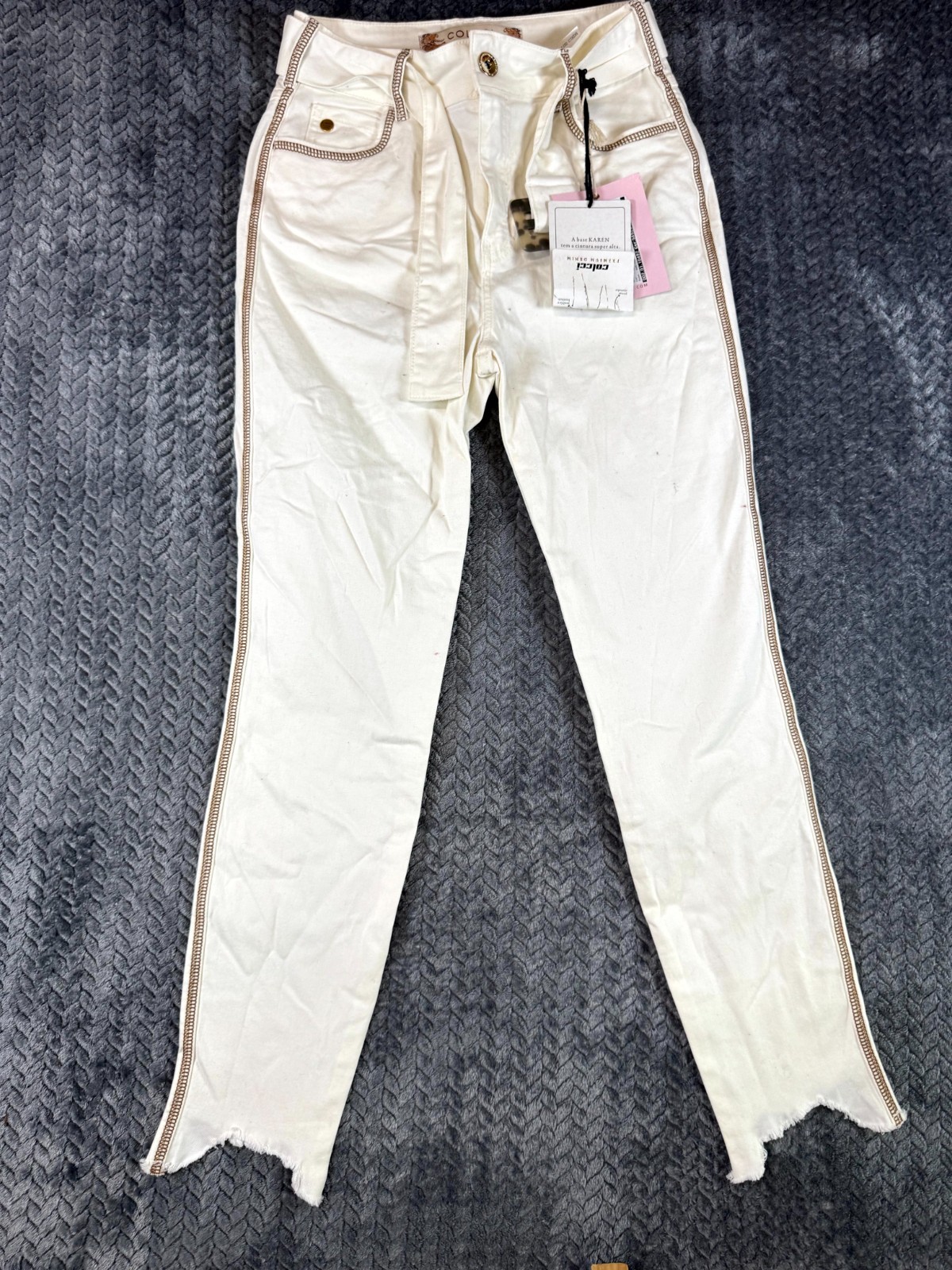 Colcci Jeans Womens 40 Off White Denim Raw Hem Slim Fit Stretch Belted Waist