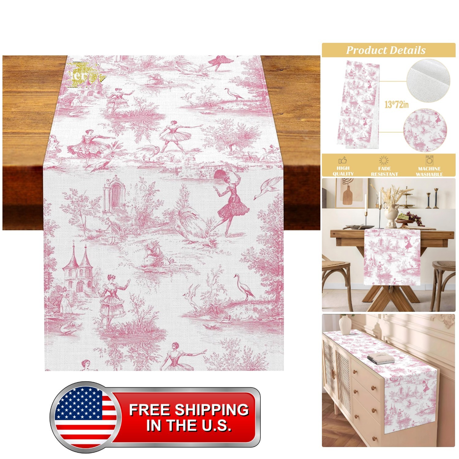 Vintage French Village Toile Table Runner Pink and White Country Print Toile ... Vintage French Village Toile Table Runner Pink and White Country Print Toile ...
