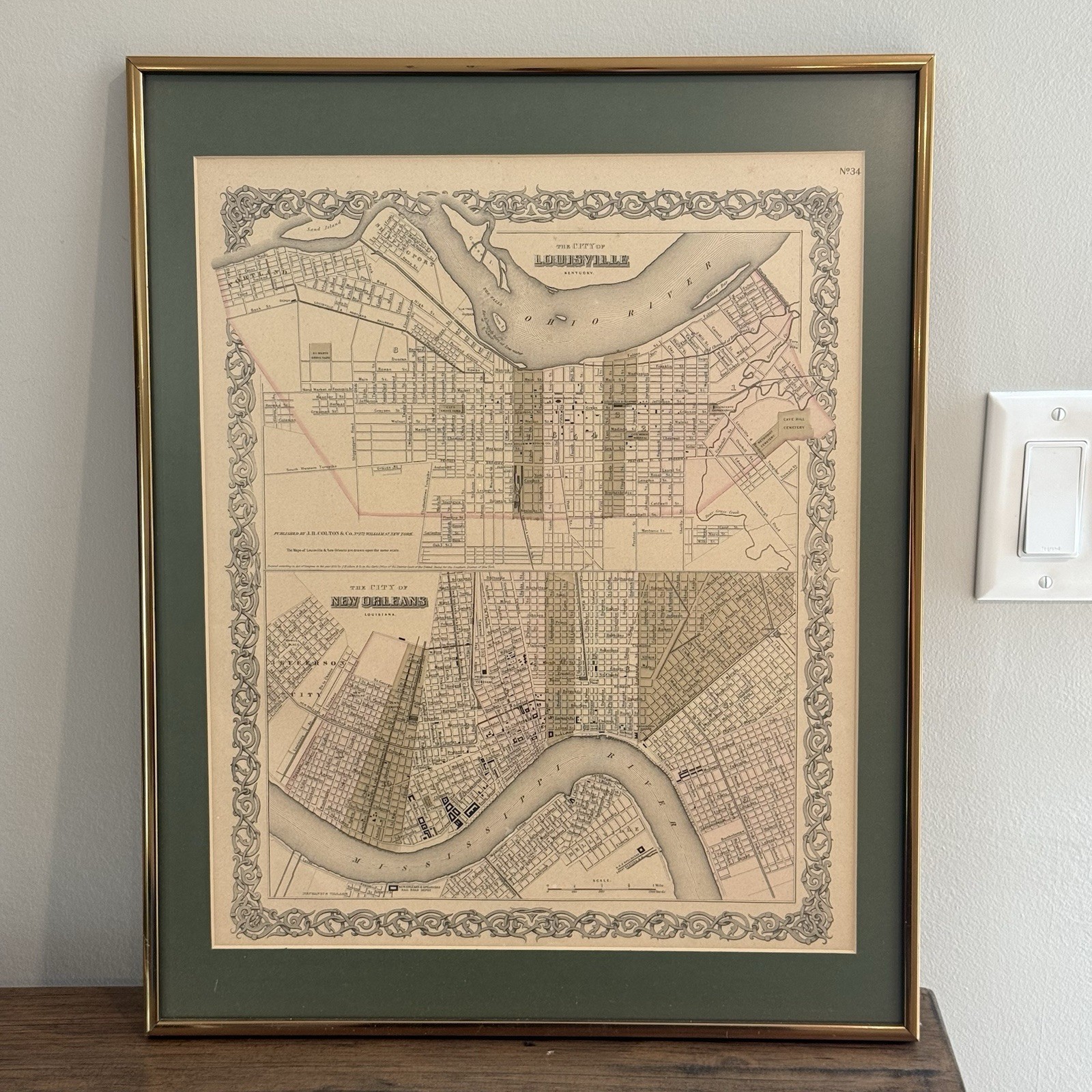 1855 J.H. Colton Louisville New Orleans Antique Hand Colored Map Framed Rare