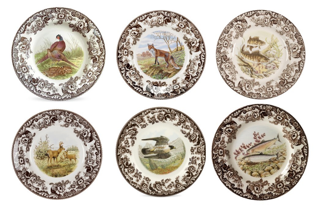 Spode woodland set of 6 X dinner plates- 6 unique inc fish falcon -----3733----- Spode woodland set of 6 X dinner plates- 6 unique inc fish falcon -----3733-----