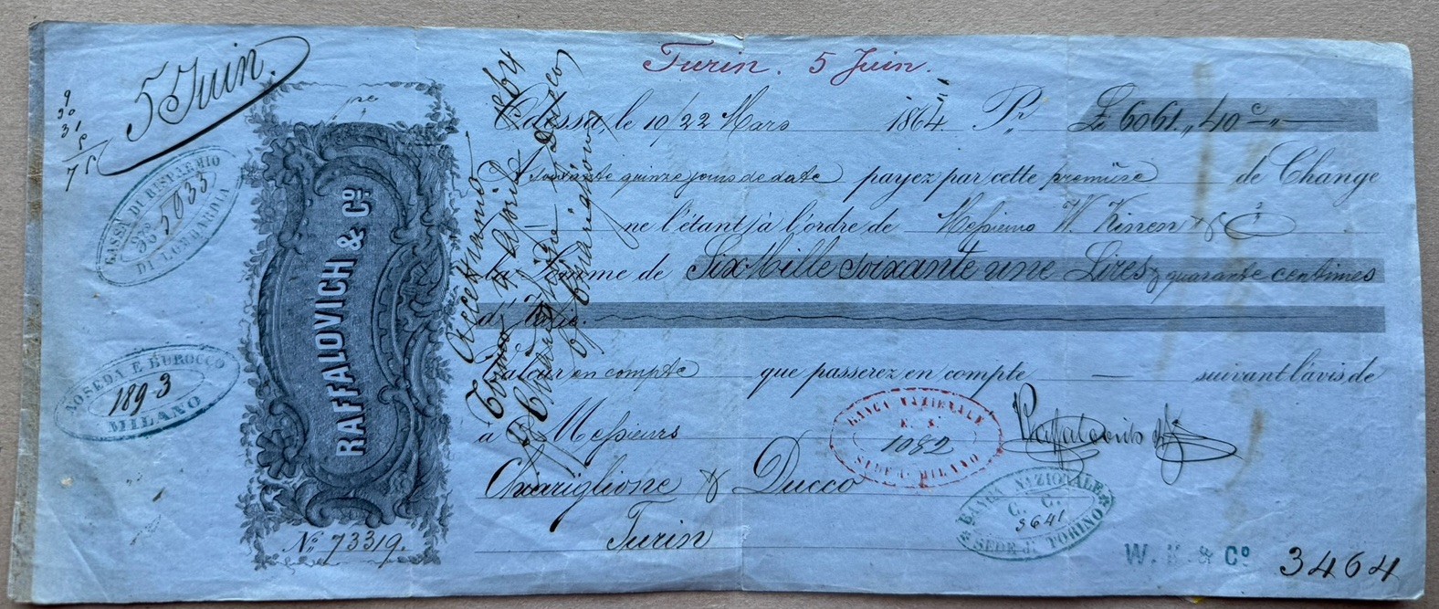 1864 Russian Empire Odessa Raffalovich & Co Bill of Exchange Merchant Banking