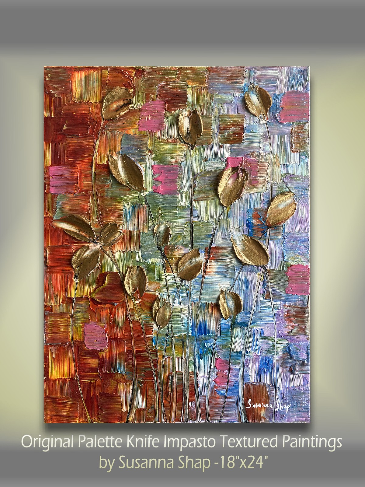 ORIGINAL Gold Tulips Painting, Abstract Multic colored Textured Fine Art 18\