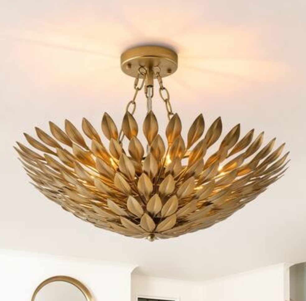 Antique Gold 6 Light Leaf Motif Semi-Flushmount Chandelier Ceiling Light Fixture