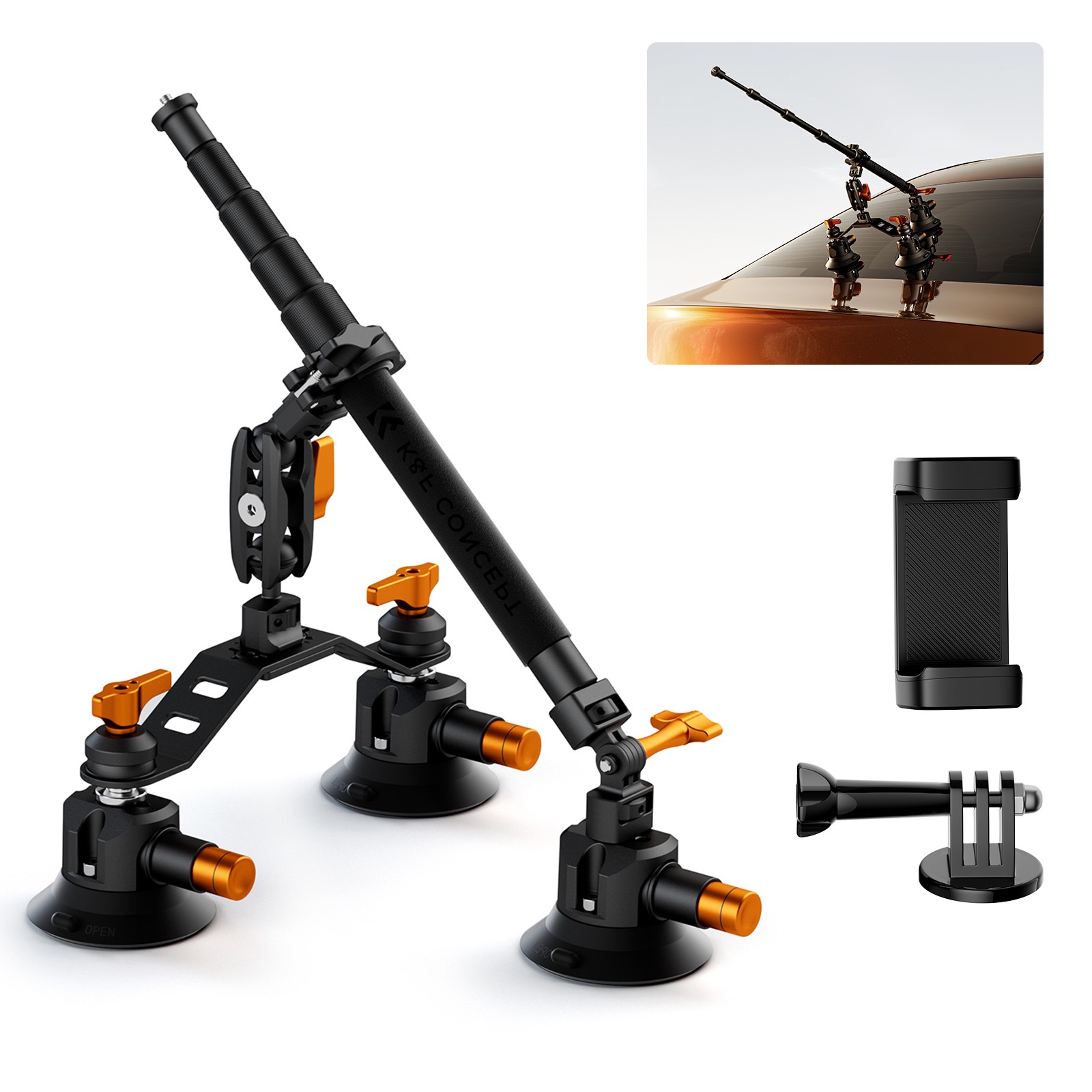K&F CONCEPT Triple Suction Cup Car Mount for Insta360 X5 X4 GoPro DJI Action 5/4