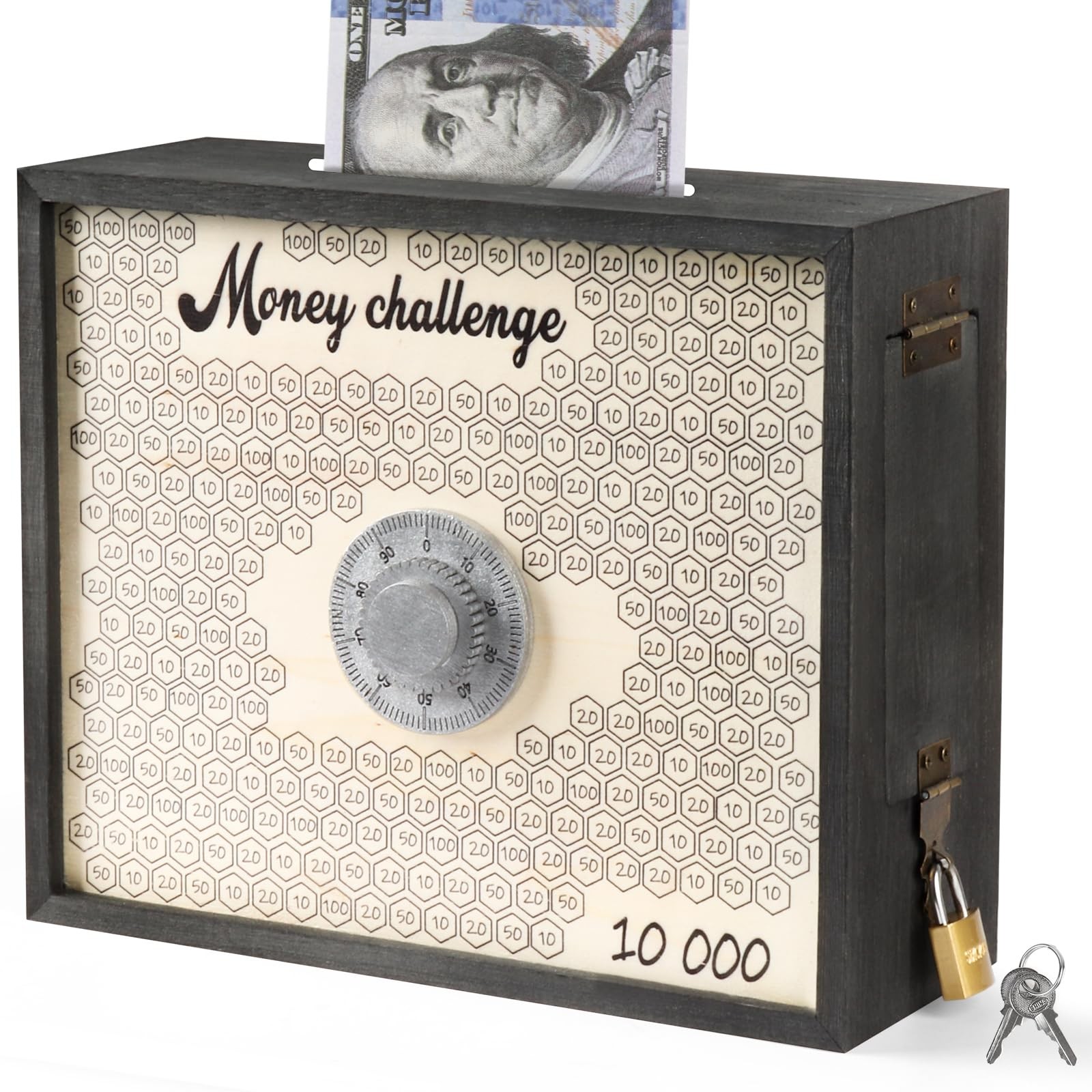 10000 Savings Challenge Box with Lock, Wooden Large 10k Money Saving Box Save...