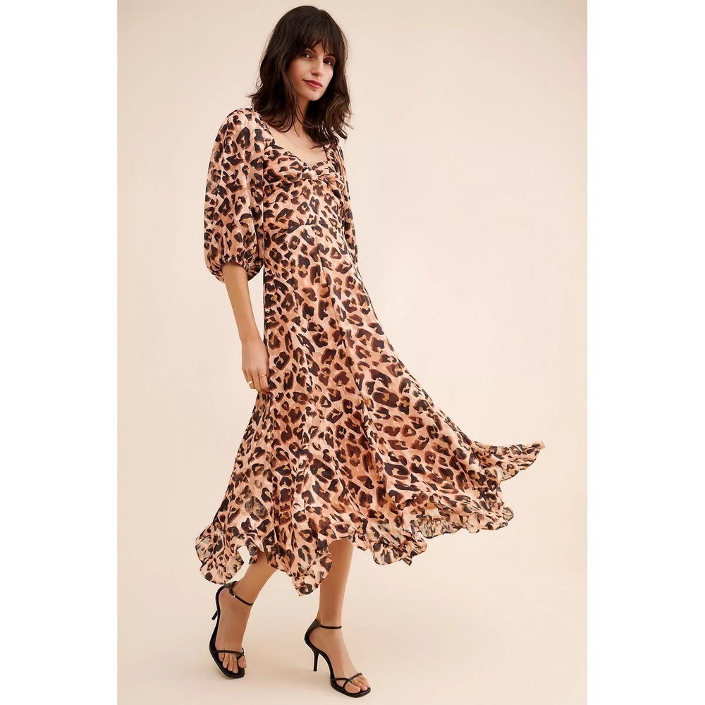 Anthropologie HUTCH Twist Puff Midi Dress Animal Leopard Print Smocked Medium