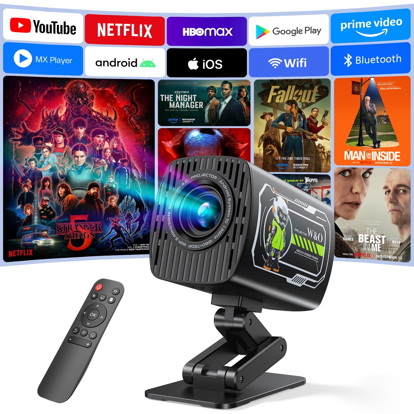 W&O 4K 1080P Mini Projector WiFi Bluetooth UHD Portable Home Theater, Android 10