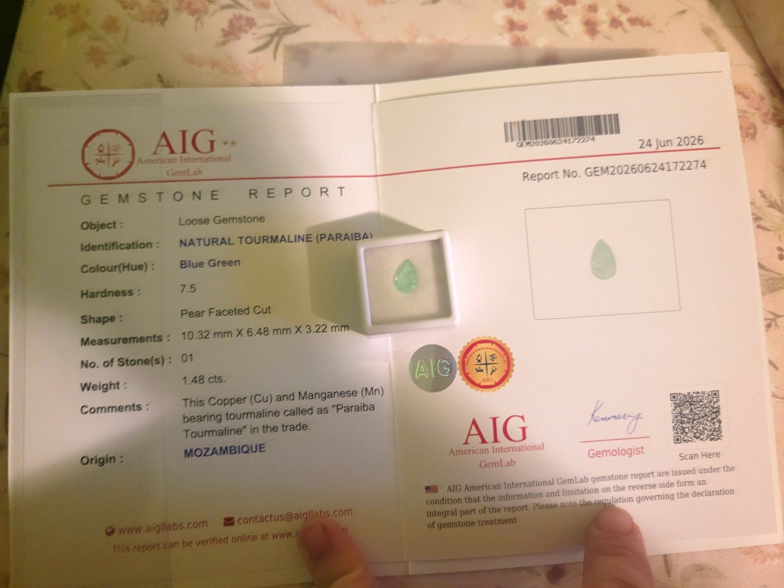 AIG certified natural Paraiba Tourmaline