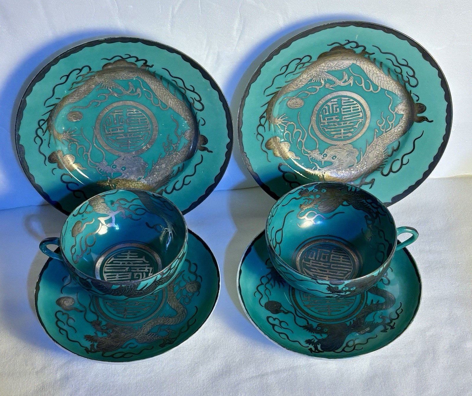 Antique Japanese Eiraku Porcelain Turquoise w Silver Dragon 6 Piece Meiji Period