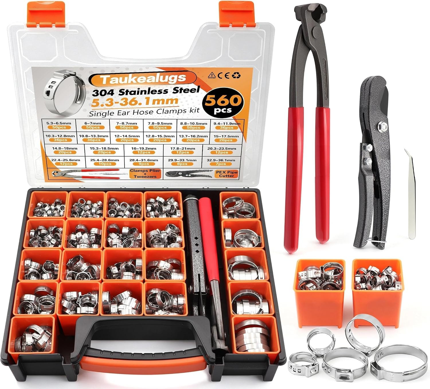 560PCS 22-Sizes Stepless Single Ear Hose Clamp Kit with Pliers & Cutter, 5.3-36.