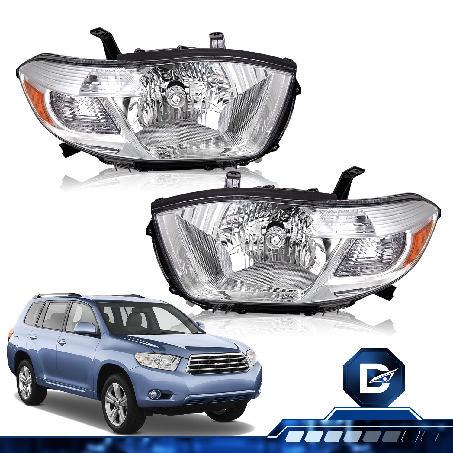For 2008-2010 Toyota Highlander Halogen Chrome Headlights Lamps Pair Left+Right