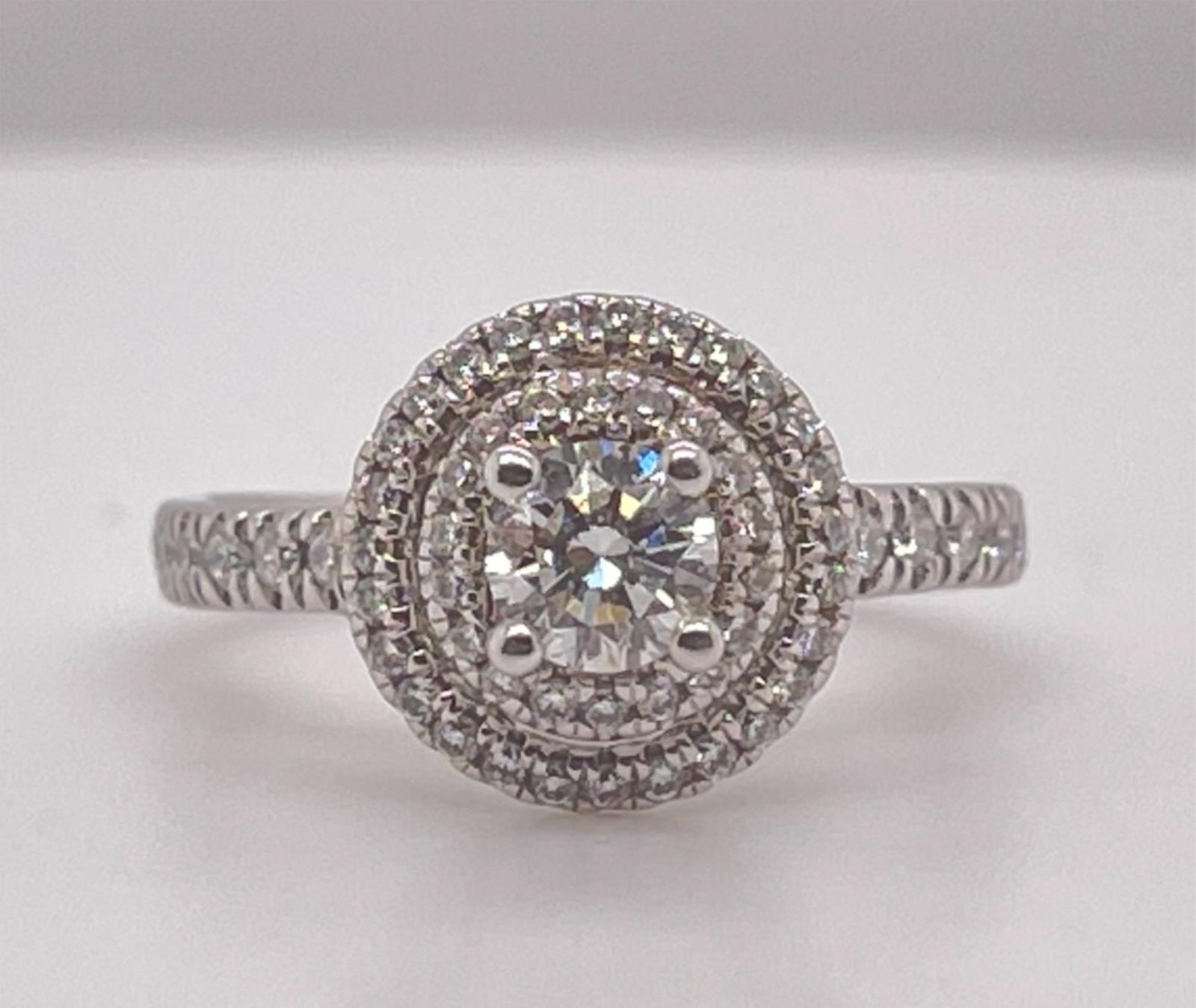 14K White Gold 0.77ctw Natural Round Diamond Double Halo Engagement Ring