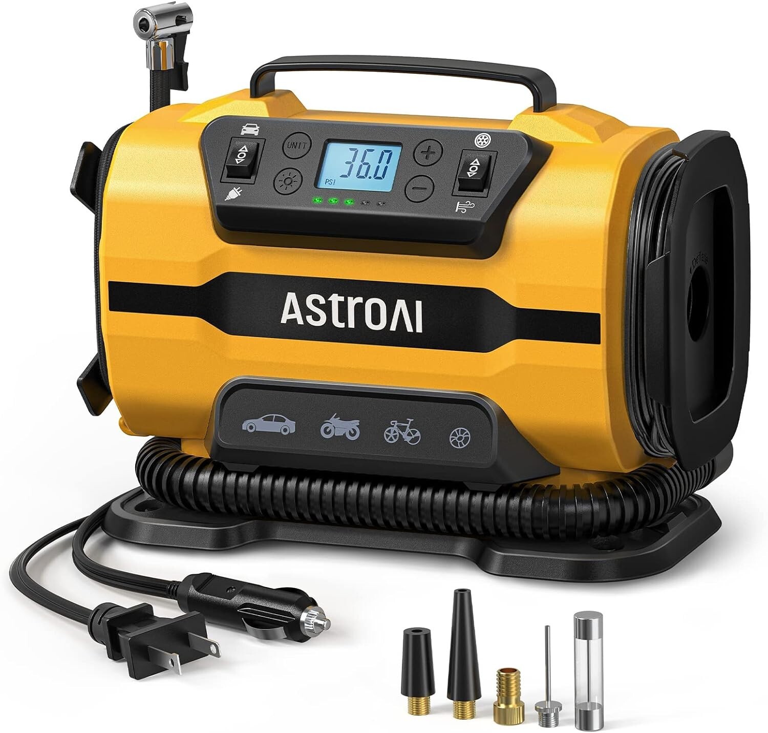 YELLOW AstroAI Tire Inflator Portable Air Compressor Pump 150PSI 12V DC/110V YELLOW AstroAI Tire Inflator Portable Air Compressor Pump 150PSI 12V DC/110V