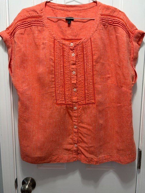 Women\'s TALBOTS Plus Linen Peasant Blouse Top Size 1X Coral Pintuck accents