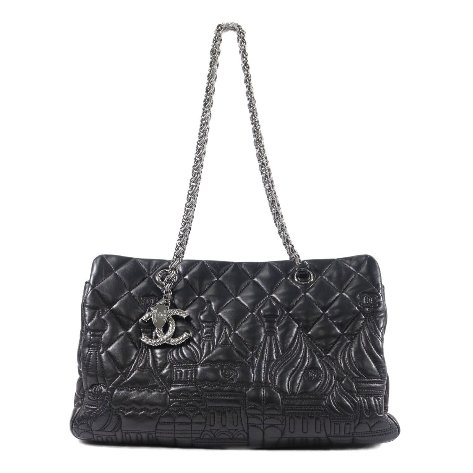 CHANEL CC SHW Paris Moscow Tote Shoulder Bag Lambskin Leather Black