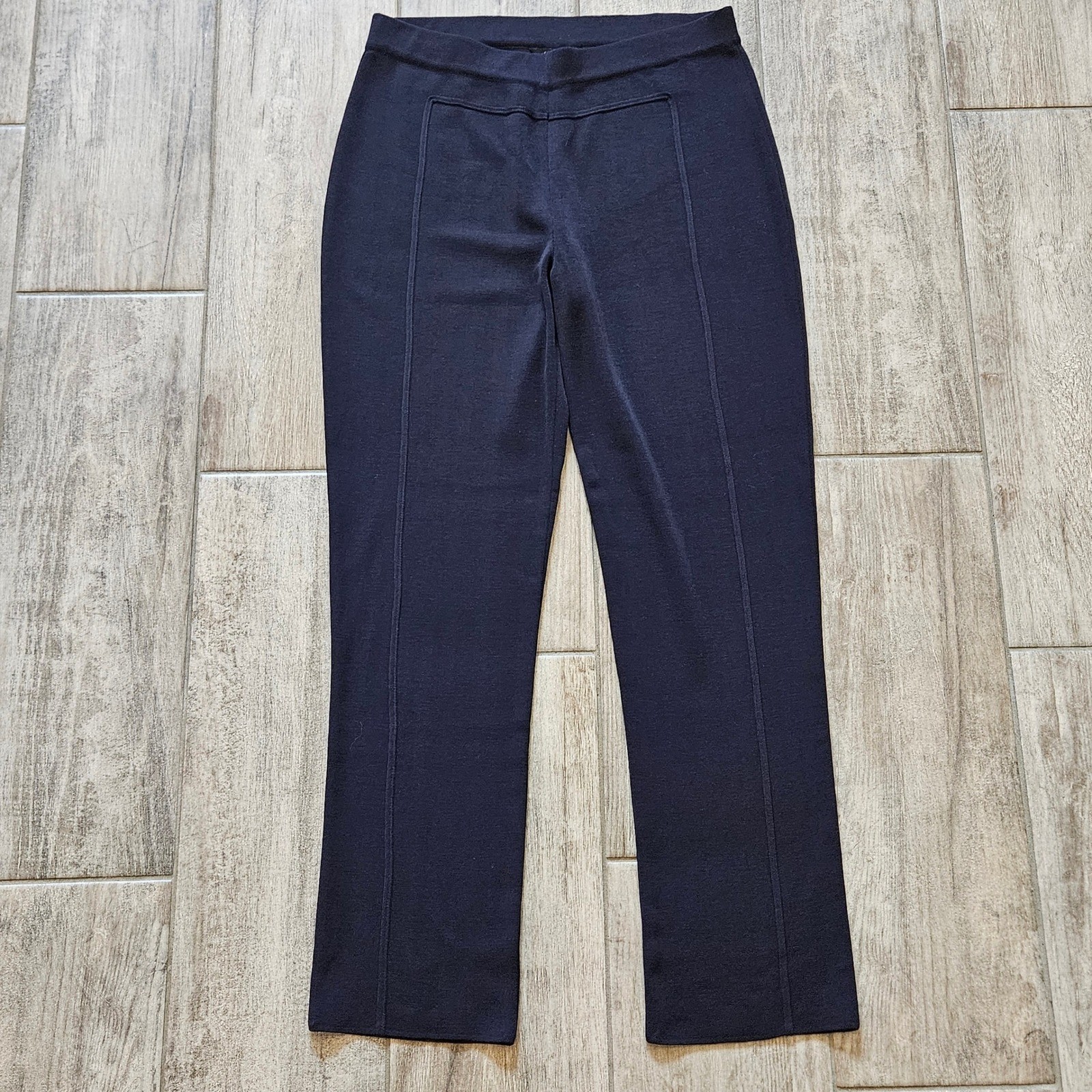 Misook Knit Pants Women PM Navy Blue Straight Leg Pull On Stitched Crease Ankle