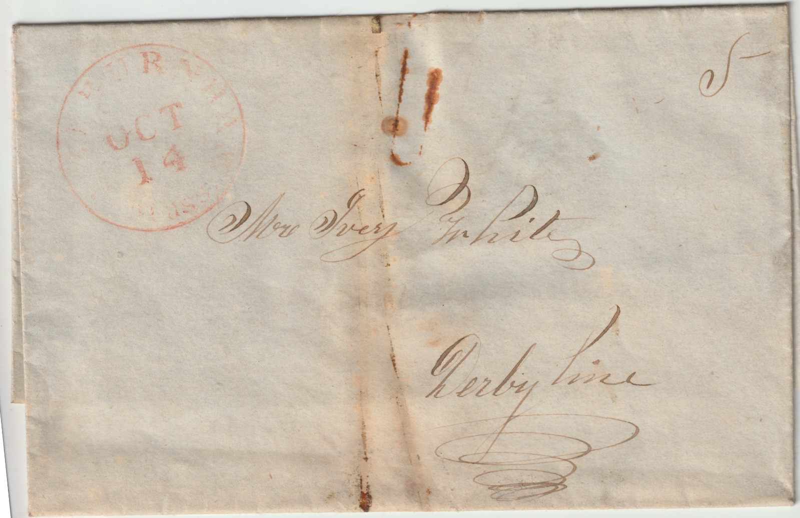 1840s-50s Ashburnham MA Stampless Cover 5c Derby Line VT Doc Johnson